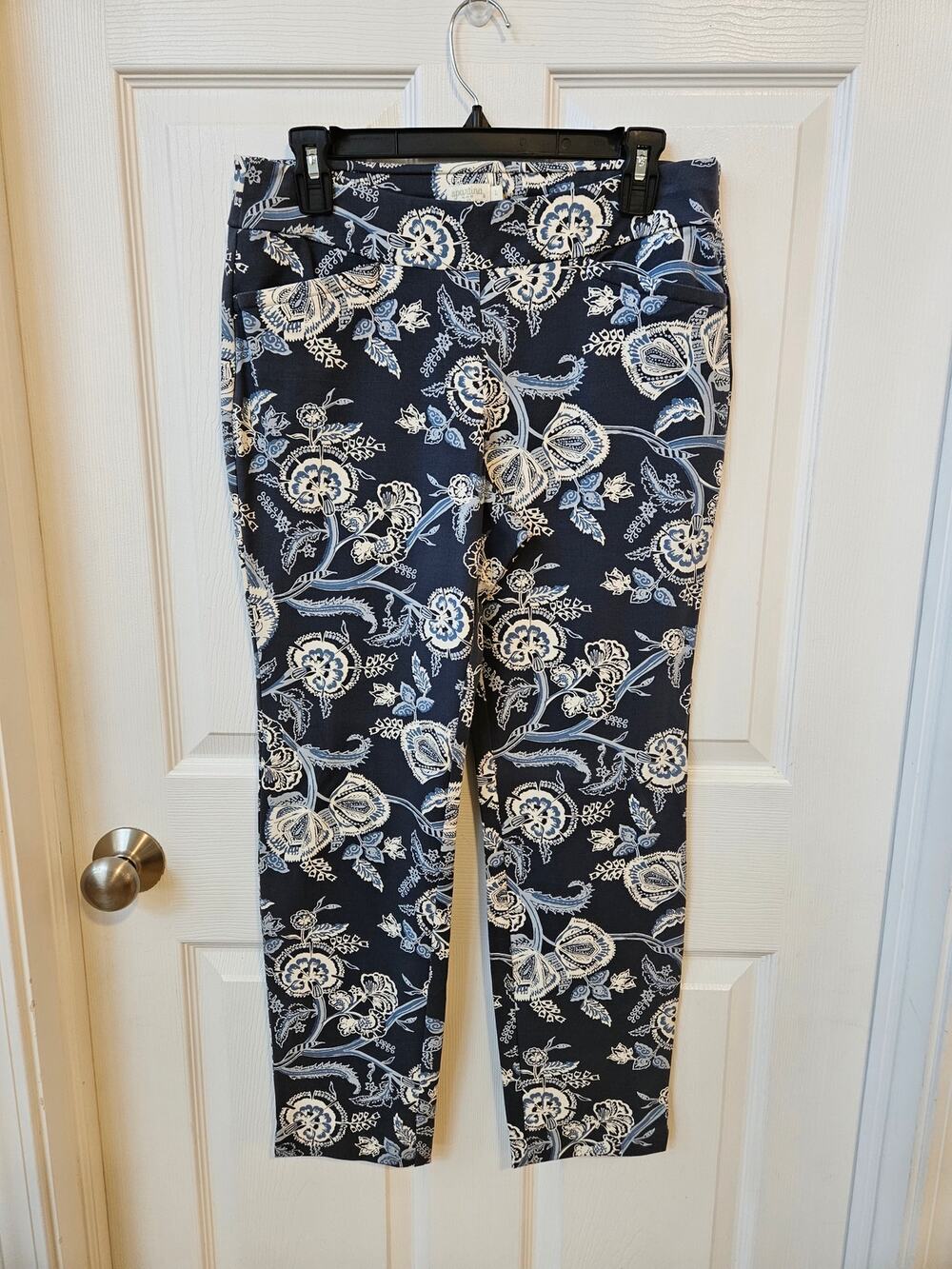 Spartina 449 Womens Large Blue Floral Ankle Pants Slim Crop Stretch